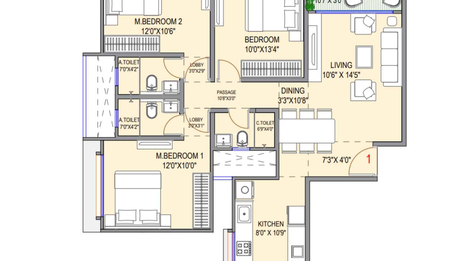 Mesacon-Green-3BHK-WingA-Floor-Plan-1,3&7-floors-895-sqft